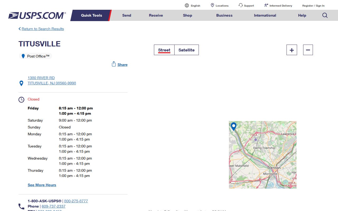 Ewing Township ZIP code directory reference for the Titusville USPS post office